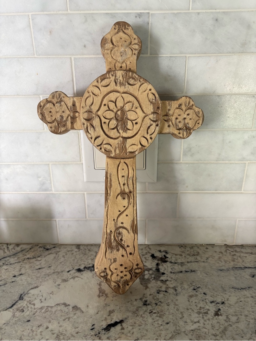 Decorative Carved Wooden Cross Wall Décor - Beige